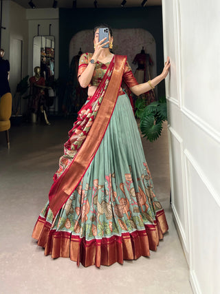 Sea Green Anusha Kalamkari Dola Silk Lehenga Set with Zari Weaving Border