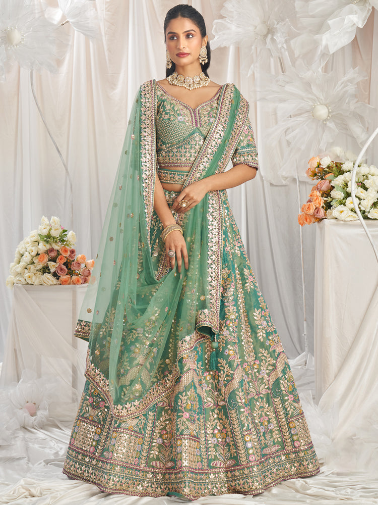 Sea Green Bridel net and Gotapatti & Moti embroidery Semi-Stitched Lehenga choli & Dupatta ClothsVilla