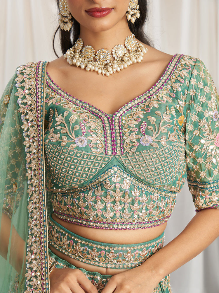 Sea Green Bridel net and Gotapatti & Moti embroidery Semi-Stitched Lehenga choli & Dupatta ClothsVilla