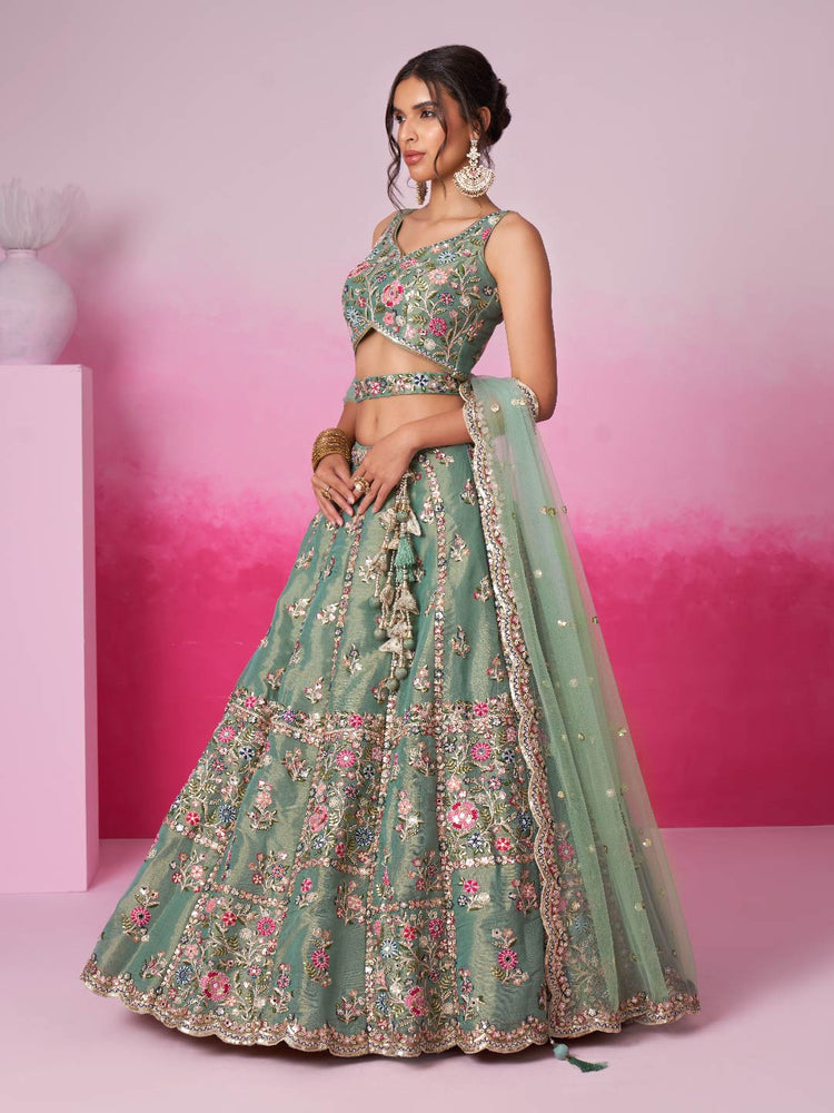 Sea Green Bridel Net Moti, Sequins embroidery Semi-Stitched Bridel Lehenga choli & Dupatta ClothsVilla
