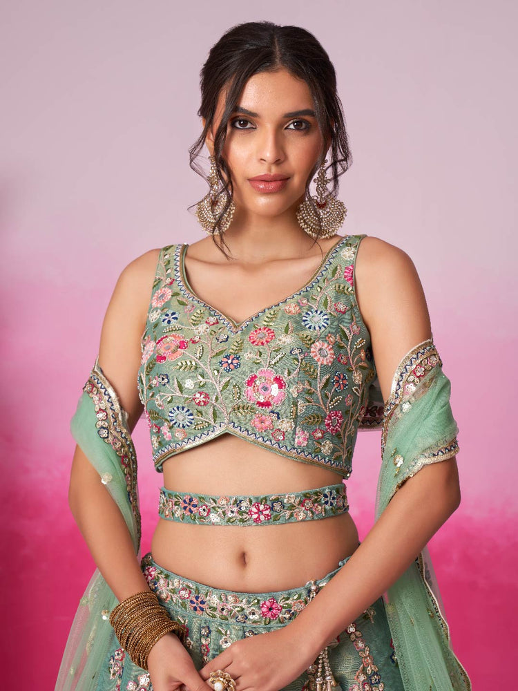 Sea Green Bridel Net Moti, Sequins embroidery Semi-Stitched Bridel Lehenga choli & Dupatta ClothsVilla