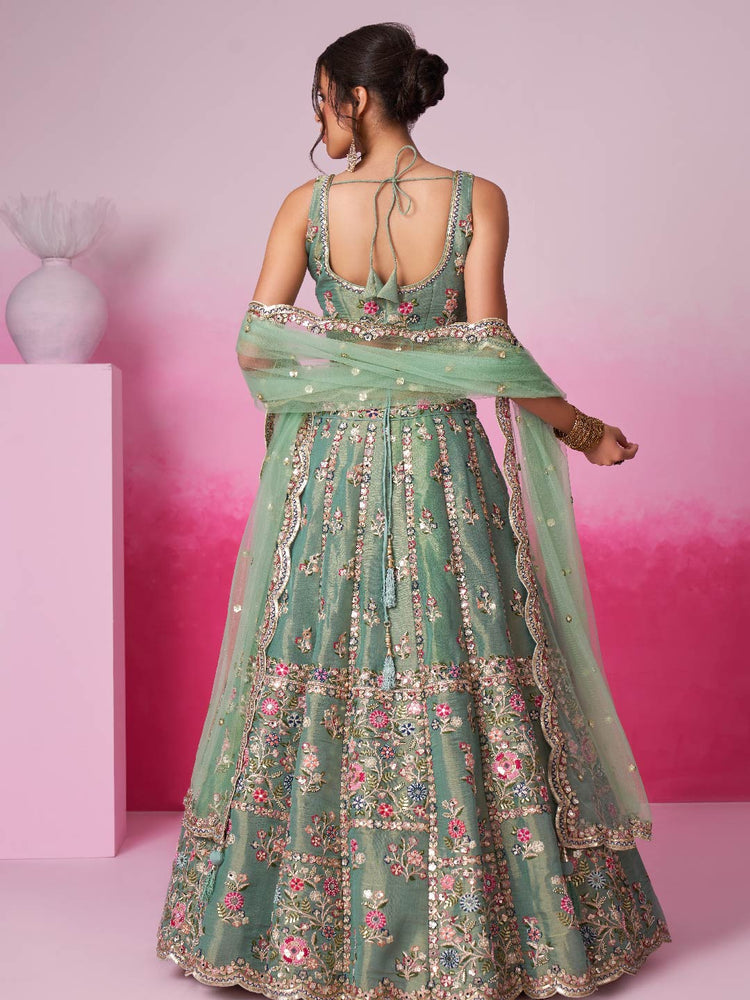 Sea Green Bridel Net Moti, Sequins embroidery Semi-Stitched Bridel Lehenga choli & Dupatta ClothsVilla