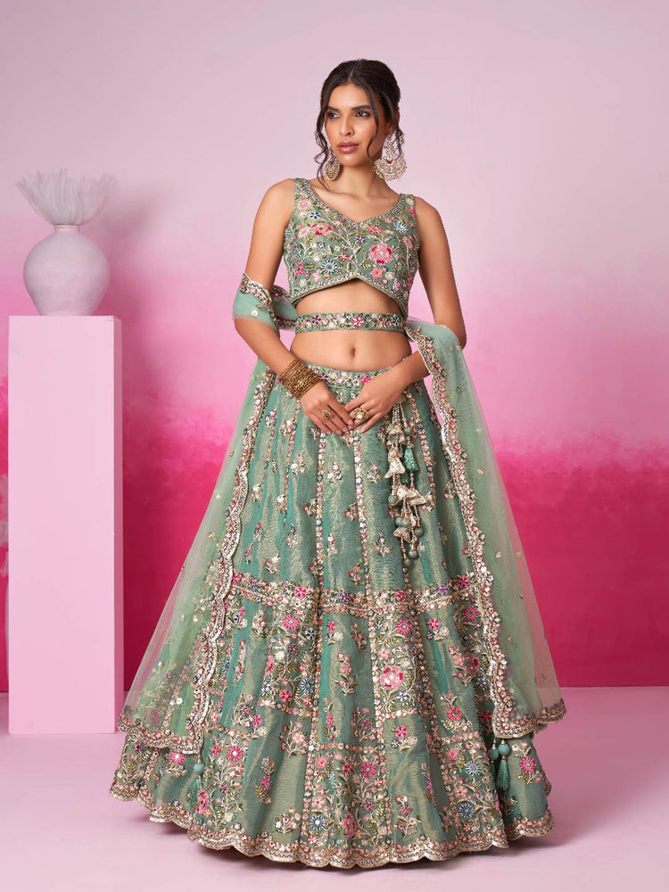 Sea Green Bridel Net Moti, Sequins embroidery Semi-Stitched Bridel Lehenga choli & Dupatta ClothsVilla