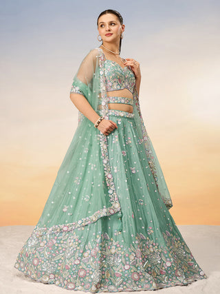Sea Green Chiffon Sequins and thread embroidery Semi-Stitched Lehenga choli & Dupatta ClothsVilla