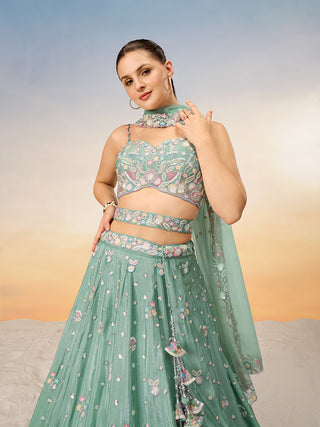 Sea Green Chiffon Sequins and thread embroidery Semi-Stitched Lehenga choli & Dupatta ClothsVilla