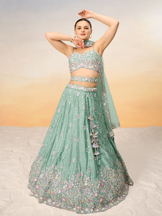 Sea Green Chiffon Sequins and thread embroidery Semi-Stitched Lehenga choli & Dupatta ClothsVilla