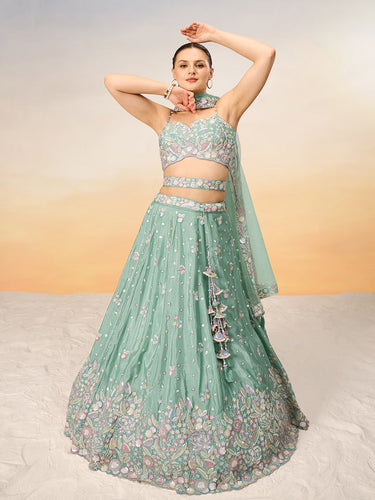 Sea Green Chiffon Sequins and thread embroidery Semi-Stitched Lehenga choli & Dupatta ClothsVilla
