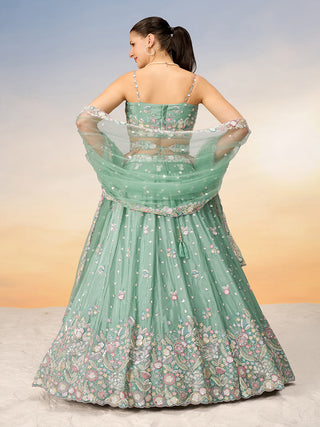 Sea Green Chiffon Sequins and thread embroidery Semi-Stitched Lehenga choli & Dupatta ClothsVilla