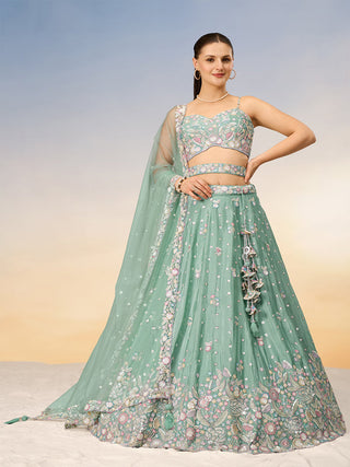 Sea Green Chiffon Sequins and thread embroidery Semi-Stitched Lehenga choli & Dupatta ClothsVilla