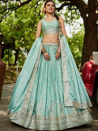 Sea Green Chinnon Semi-Stitched Lehenga Choli Set with Heavy Sequins & Embroidered Dupatta ClothsVilla