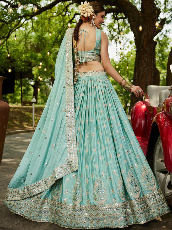 Sea Green Chinnon Semi-Stitched Lehenga Choli Set with Heavy Sequins & Embroidered Dupatta ClothsVilla