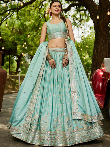 Sea Green Chinnon Semi-Stitched Lehenga Choli Set with Heavy Sequins & Embroidered Dupatta ClothsVilla