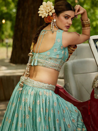 Sea Green Chinnon Semi-Stitched Lehenga Choli Set with Heavy Sequins & Embroidered Dupatta ClothsVilla