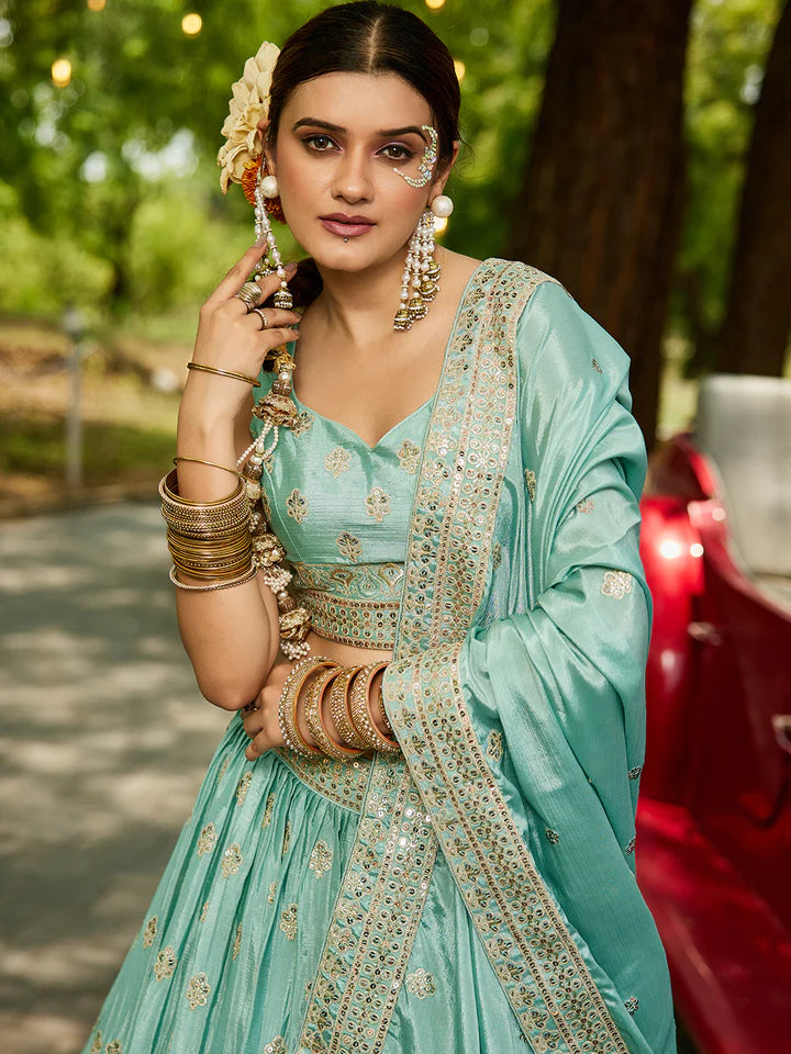 Sea Green Chinnon Semi-Stitched Lehenga Choli Set with Heavy Sequins & Embroidered Dupatta ClothsVilla