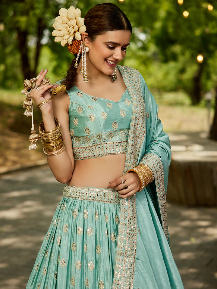 Sea Green Chinnon Semi-Stitched Lehenga Choli Set with Heavy Sequins & Embroidered Dupatta ClothsVilla