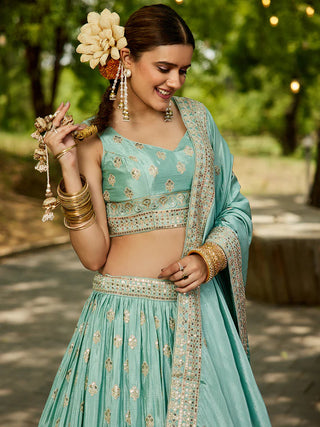 Sea Green Chinnon Semi-Stitched Lehenga Choli Set with Heavy Sequins & Embroidered Dupatta ClothsVilla