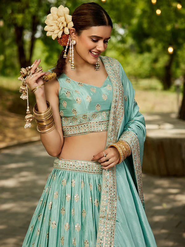 Sea Green Chinnon Semi-Stitched Lehenga Choli Set with Heavy Sequins & Embroidered Dupatta ClothsVilla