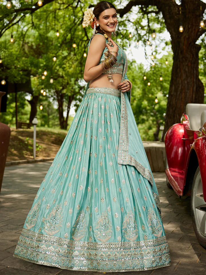 Sea Green Chinnon Semi-Stitched Lehenga Choli Set with Heavy Sequins & Embroidered Dupatta ClothsVilla