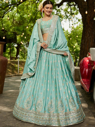 Sea Green Chinnon Semi-Stitched Lehenga Choli Set with Heavy Sequins & Embroidered Dupatta ClothsVilla