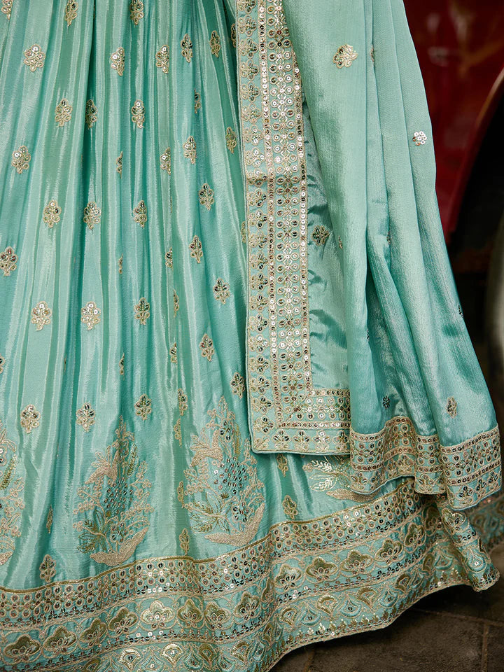 Sea Green Chinnon Semi-Stitched Lehenga Choli Set with Heavy Sequins & Embroidered Dupatta ClothsVilla