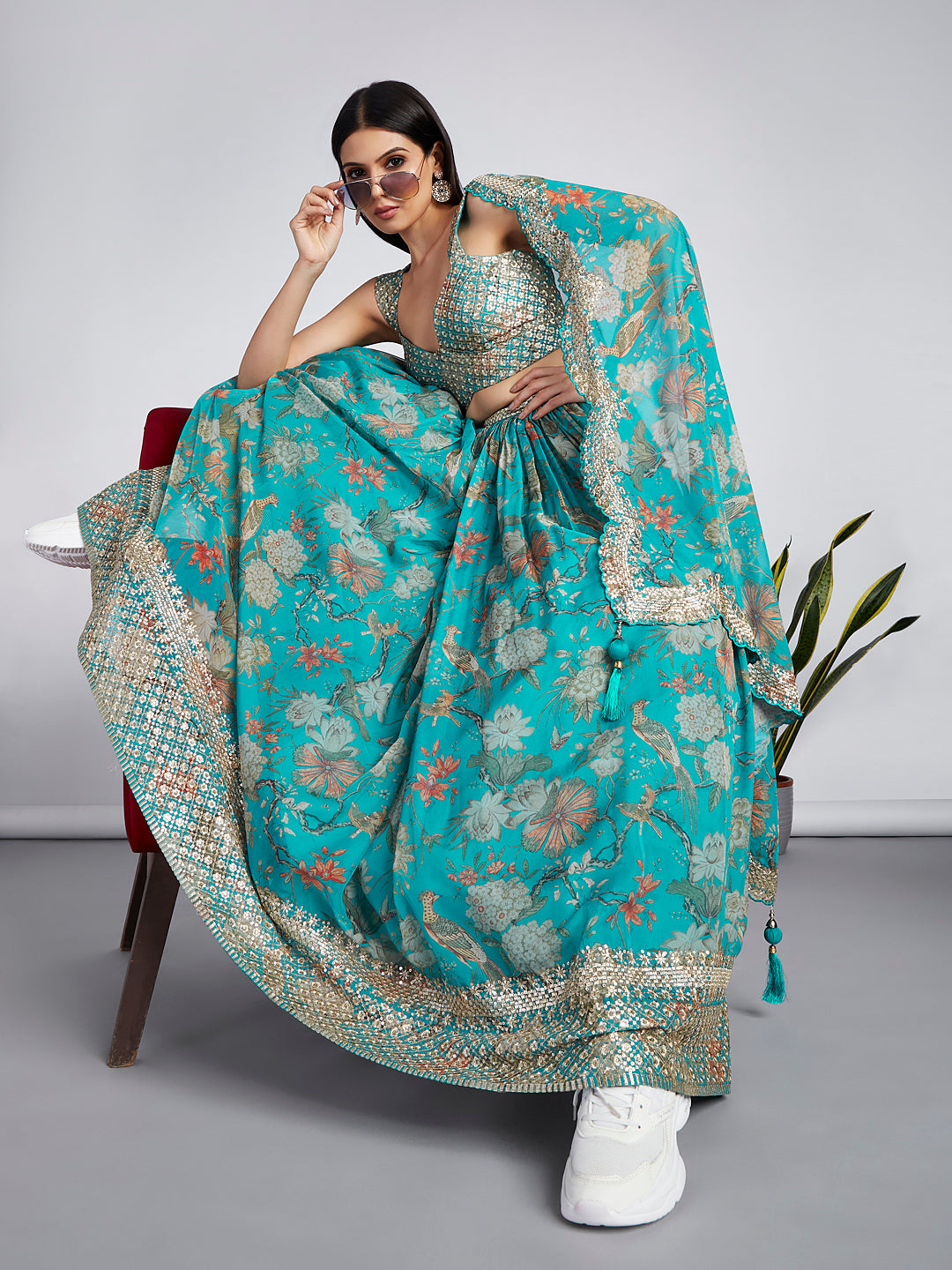 Sea green colour Organza Floral design digital print Semi-Stitched Lehenga choli & Dupatta ClothsVilla