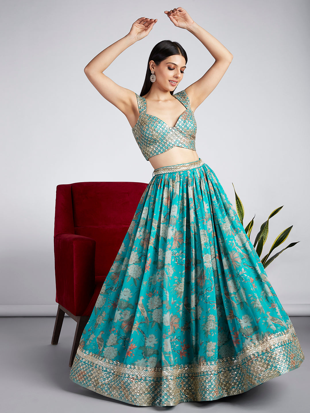 Sea green colour Organza Floral design digital print Semi-Stitched Lehenga choli & Dupatta ClothsVilla