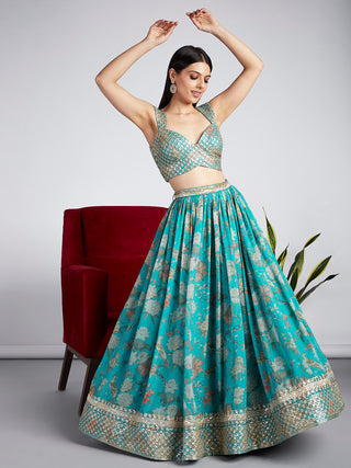 Sea green colour Organza Floral design digital print Semi-Stitched Lehenga choli & Dupatta ClothsVilla