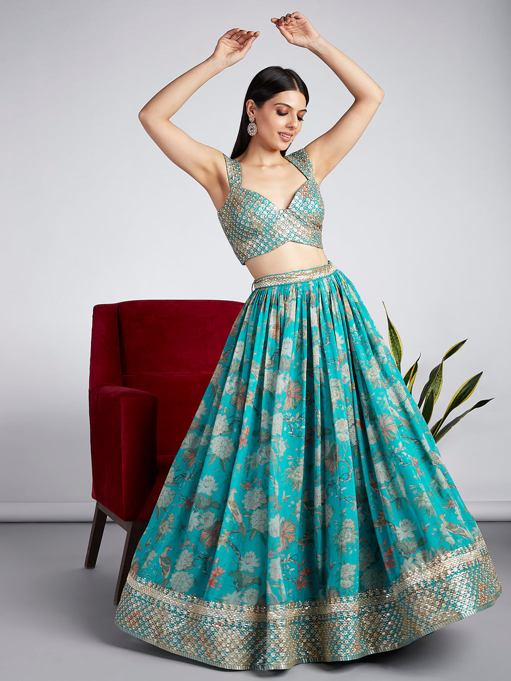 Sea green colour Organza Floral design digital print Semi-Stitched Lehenga choli & Dupatta ClothsVilla