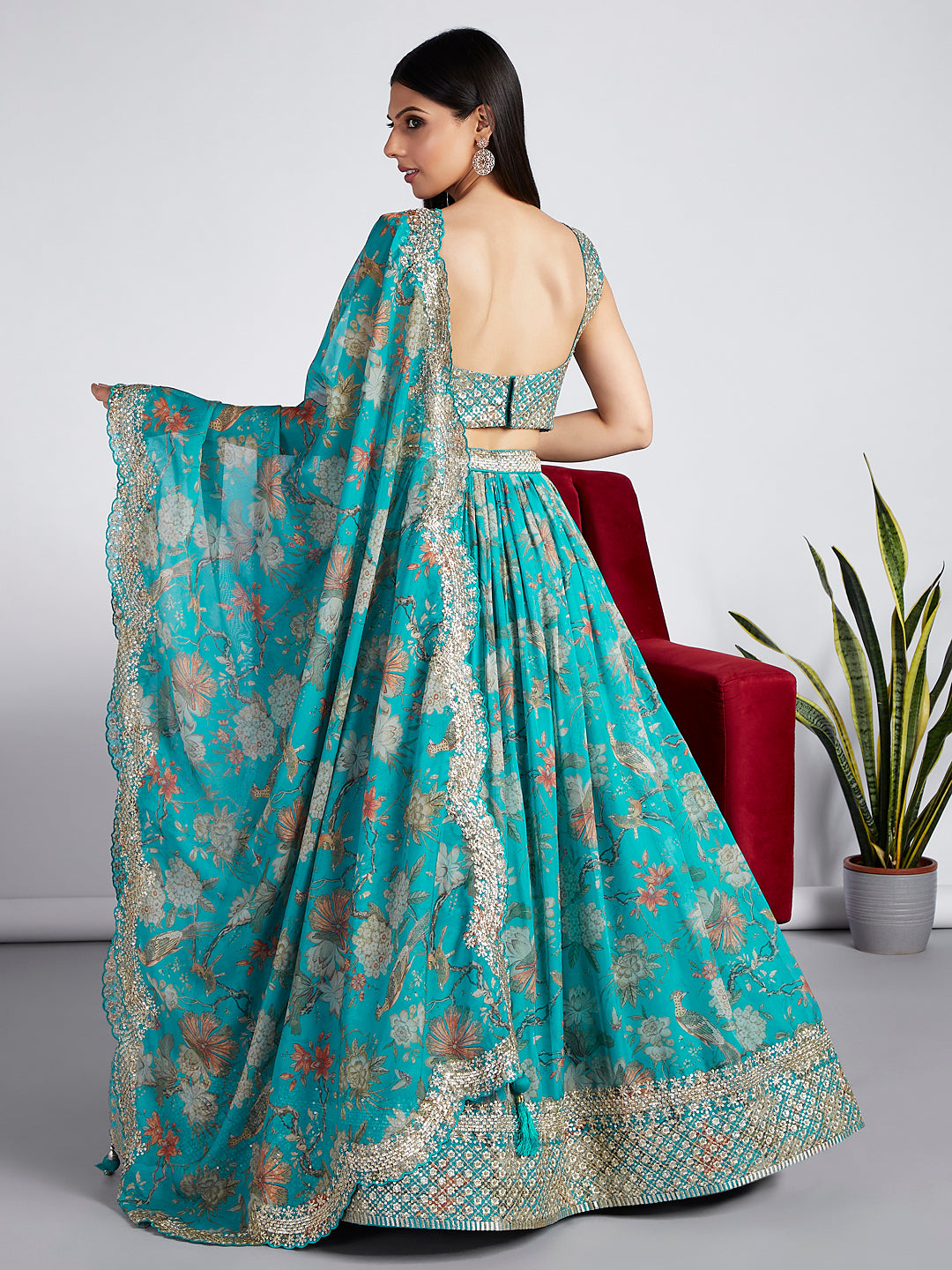 Sea green colour Organza Floral design digital print Semi-Stitched Lehenga choli & Dupatta ClothsVilla