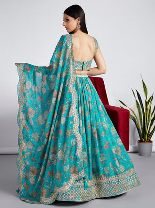 Sea green colour Organza Floral design digital print Semi-Stitched Lehenga choli & Dupatta ClothsVilla