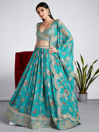 Sea green colour Organza Floral design digital print Semi-Stitched Lehenga choli & Dupatta ClothsVilla