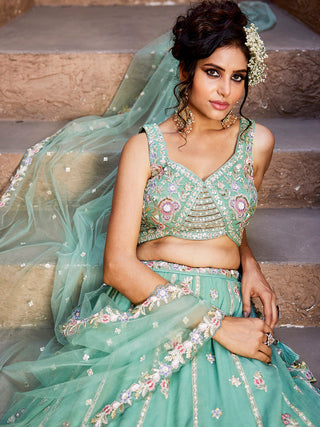 Sea Green colour Tissue Sequinse embroidery Semi-Stitched Lehenga choli & Dupatta ClothsVilla