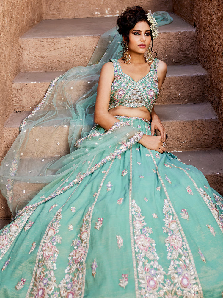 Sea Green colour Tissue Sequinse embroidery Semi-Stitched Lehenga choli & Dupatta ClothsVilla