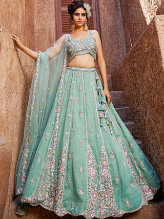 Sea Green colour Tissue Sequinse embroidery Semi-Stitched Lehenga choli & Dupatta ClothsVilla