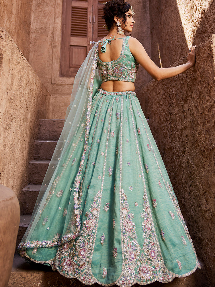 Sea Green colour Tissue Sequinse embroidery Semi-Stitched Lehenga choli & Dupatta ClothsVilla