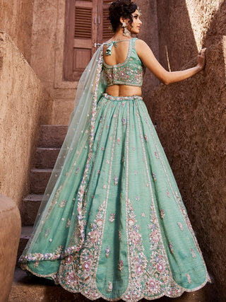 Sea Green colour Tissue Sequinse embroidery Semi-Stitched Lehenga choli & Dupatta ClothsVilla