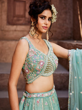Sea Green colour Tissue Sequinse embroidery Semi-Stitched Lehenga choli & Dupatta ClothsVilla