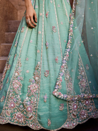 Sea Green colour Tissue Sequinse embroidery Semi-Stitched Lehenga choli & Dupatta ClothsVilla