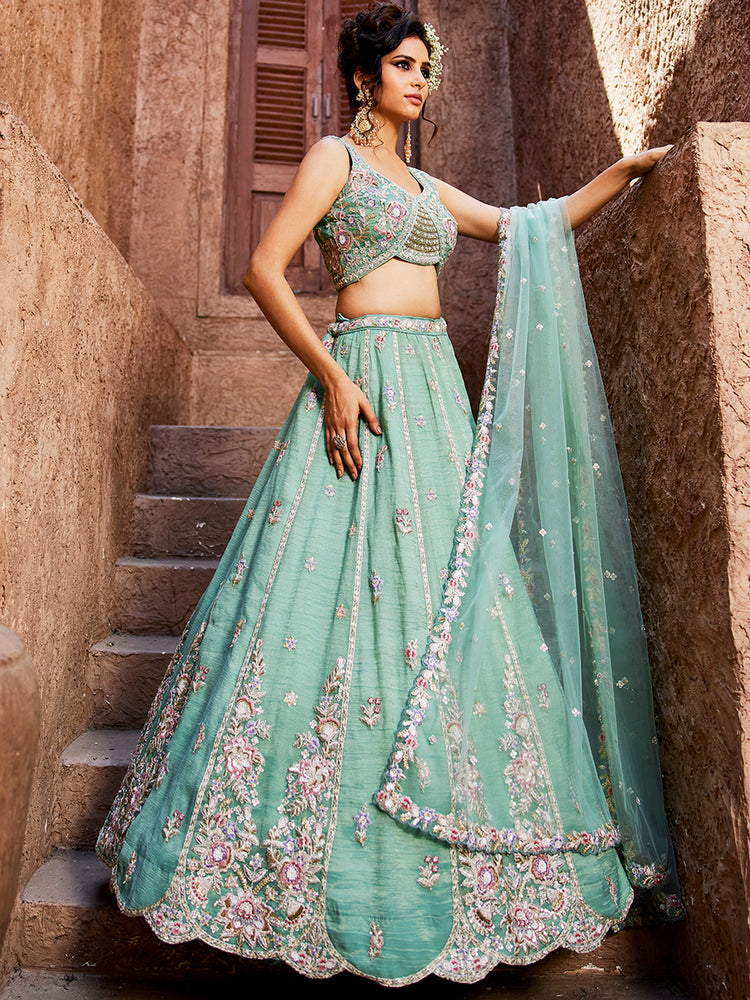 Sea Green colour Tissue Sequinse embroidery Semi-Stitched Lehenga choli & Dupatta ClothsVilla