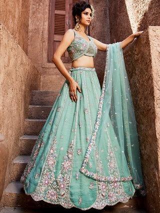 Sea Green colour Tissue Sequinse embroidery Semi-Stitched Lehenga choli & Dupatta ClothsVilla