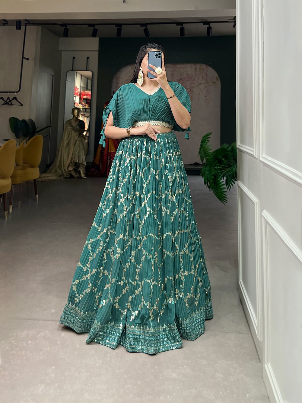 Sea Green Crushed Georgette Lehenga Choli Set with Sequin Embroidery ClothsVilla Main image