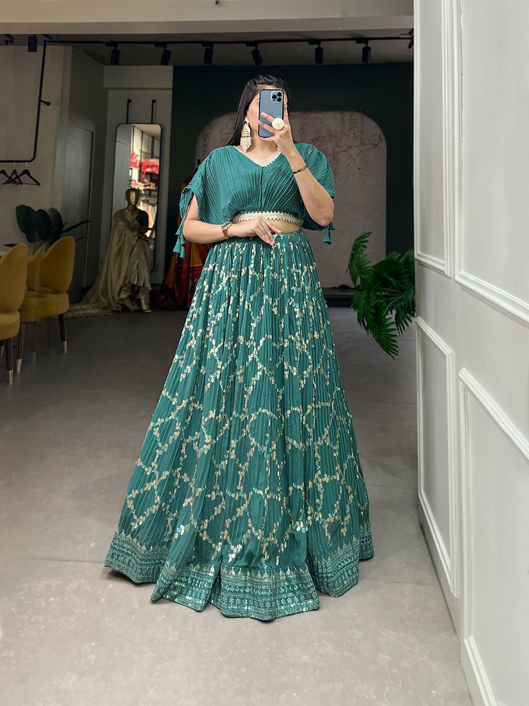 Sea Green Crushed Georgette Lehenga Choli Set with Sequin Embroidery ClothsVilla