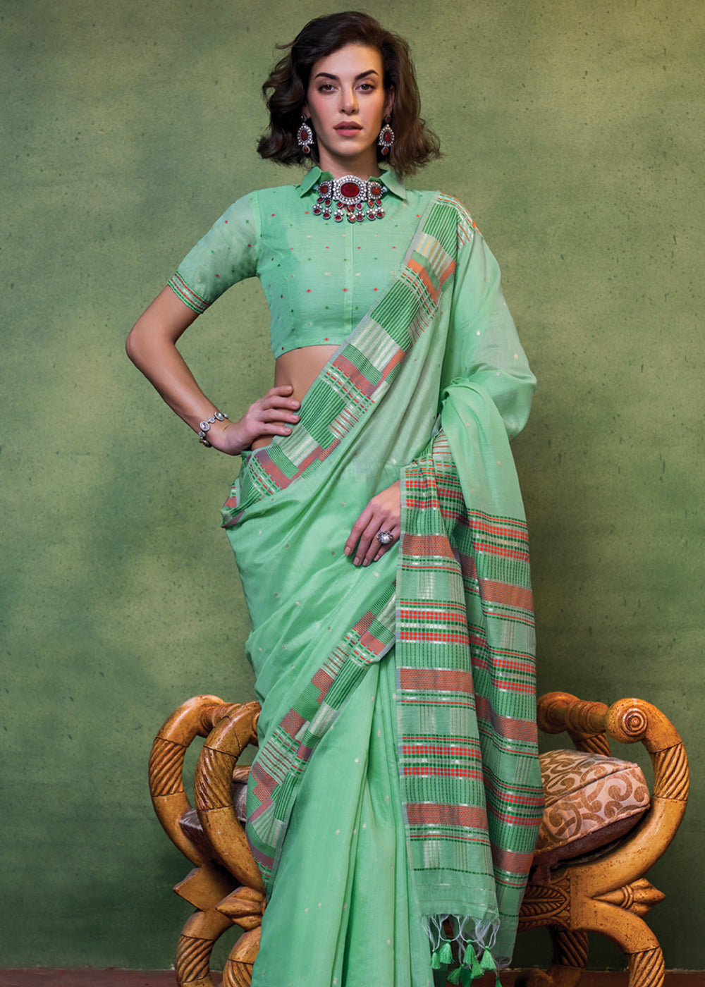 Sea Green Elegant Cotton Silk Blended Saree – Graceful & Lustrous Drape ClothsVilla