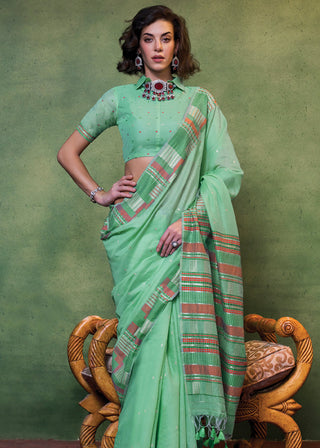 Sea Green Elegant Cotton Silk Blended Saree – Graceful & Lustrous Drape ClothsVilla