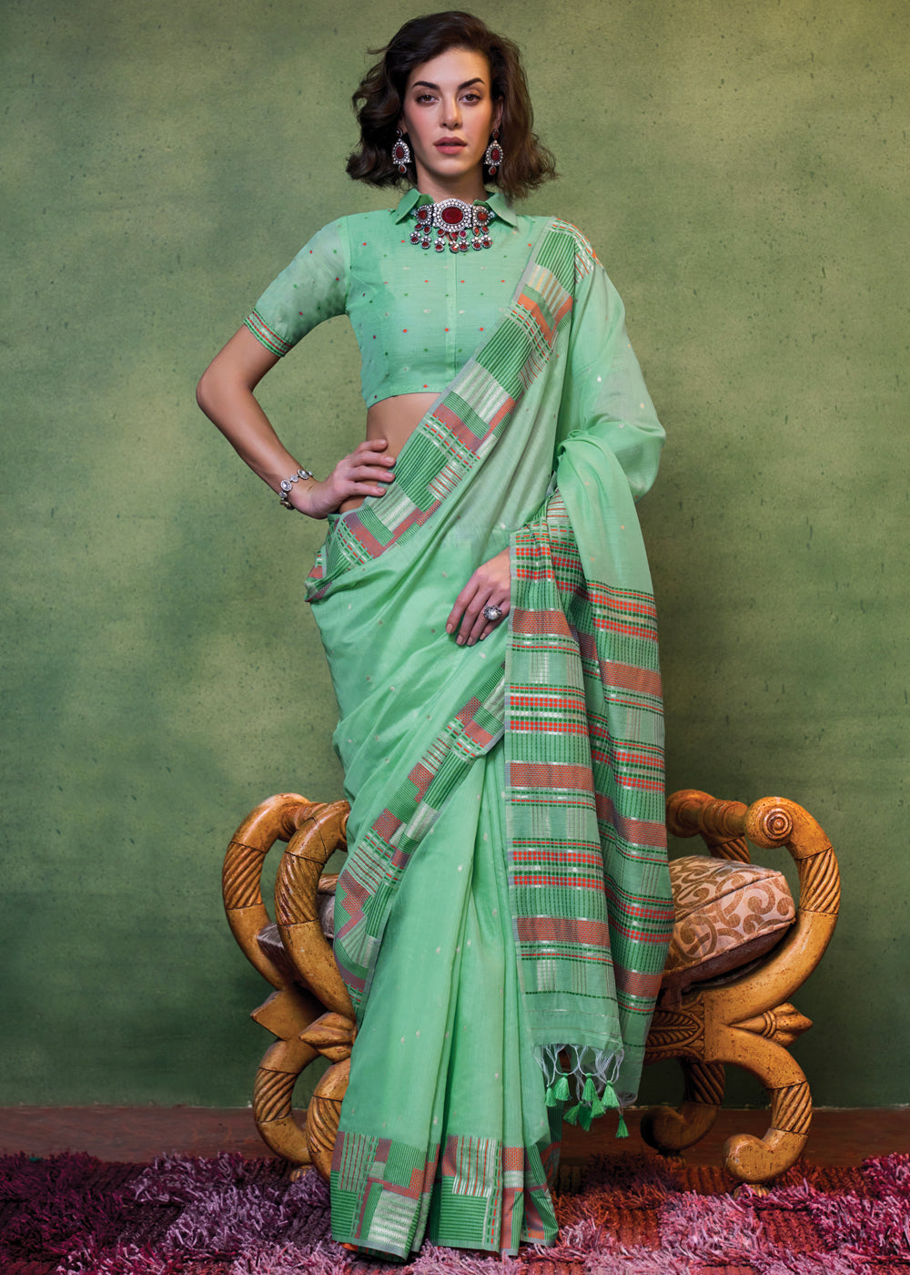 Sea Green Elegant Cotton Silk Blended Saree – Graceful & Lustrous Drape ClothsVilla