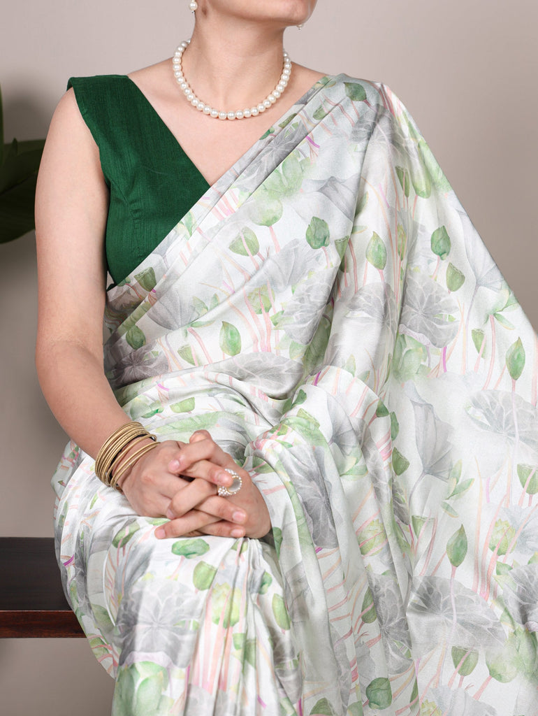 Sea Green Elegant Floral Printed Satin Silk Saree with Mono Benglory Blouse Piece ClothsVilla