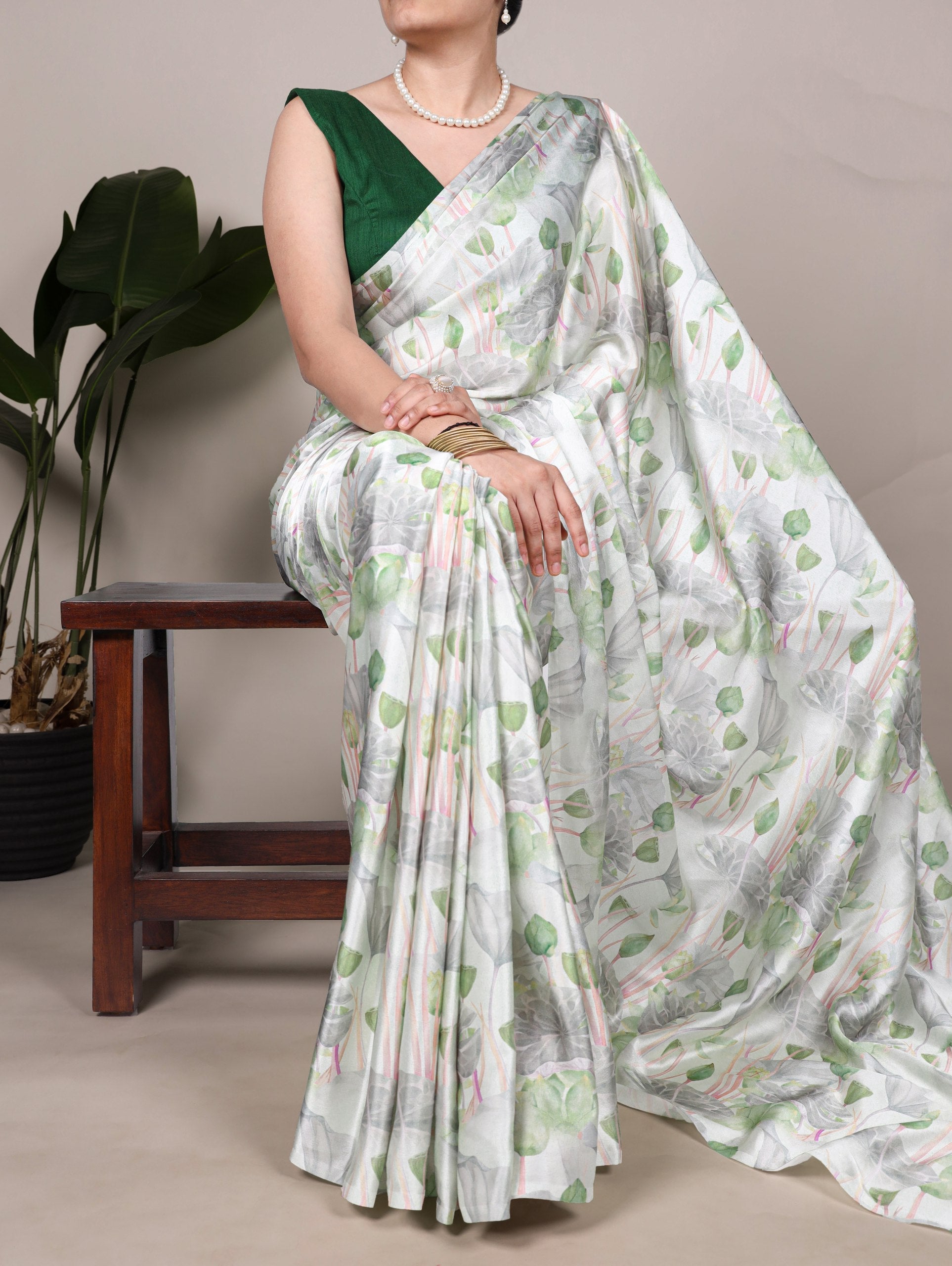 Sea Green Elegant Floral Printed Satin Silk Saree with Mono Benglory Blouse Piece ClothsVilla Main image