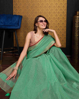 Sea Green Elegant Solid Saree with Zari Border – Timeless Grace ClothsVilla