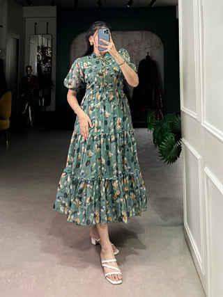 Sea Green Elegant Tabby Silk Printed Frock – A Timeless Statement of Sophistication