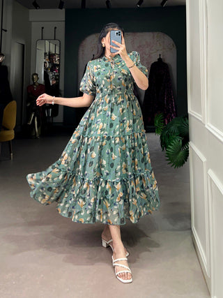 Sea Green Elegant Tabby Silk Printed Frock – A Timeless Statement of Sophistication
